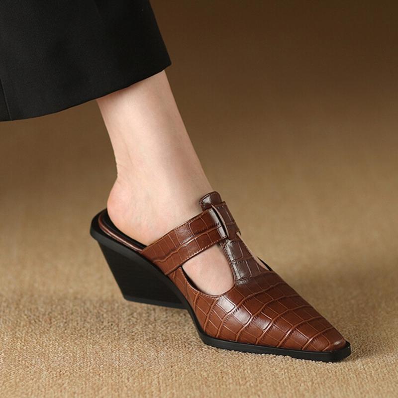 Fashion NEW Summer Women Mules Genuine Leather Shoes for Women Cover Toe Wedges Slippers Belt Buckle Pointed Toe Black Women Sandals