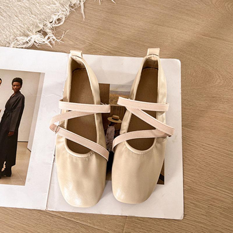 

Модная обувь Comemore Весенние балетки Женские из мягкой кожи с квадратным носком Плоские туфли Мэри Джейн Повседневные с перекрестным ремешком Однотонные плоские туфли 35 бежевый