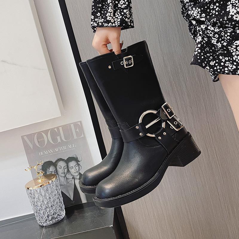 Miu * Home Knight Boots Belt Buckle Thick Heel Martin Boots Women's Leather Retro Knee Boots Western Cowboy Boots