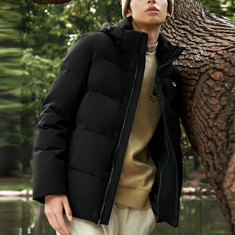 FILA Solid Color Logo Embroidered Casual Hooded Down Jacket Men outerwear Black F11M248906F-BK