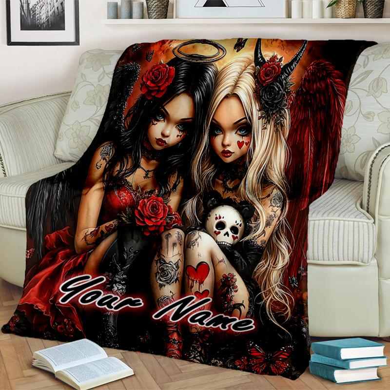 1PC Custom Name Dark Angelic Fantasy flannel blanket versatile,all-season throw suitable for the living room,bedroom,camping,travel,and gift