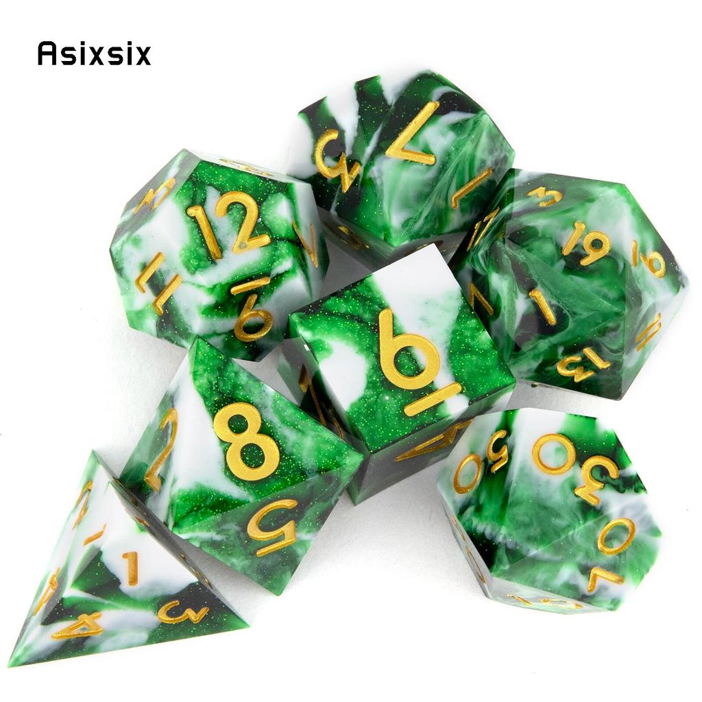 7 Stück weiß-grünes Kunstharz, goldene Zahlen, scharfkantige Würfel, polyedrische Würfel, geeignet für Rollenspiele, RPG-Brettspiele