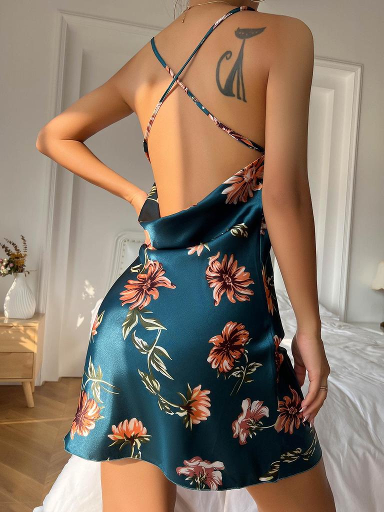 Sexy V-Neck Crisscross Strappy Backless Summer Pajama Dress for Women - Solid Color, Imitation Silk