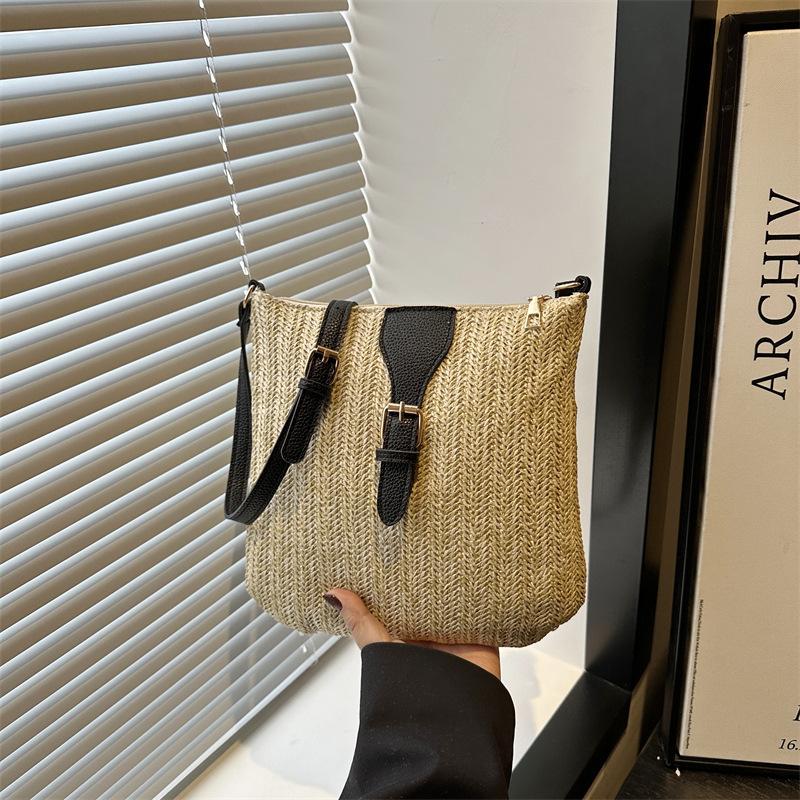 

Нишевая простая плетеная сумка-тоут из соломы, женская сумка, лето, новая, контрастного цвета, на плечо, повседневная, трендовая, сумка-мессенджер чёрный
