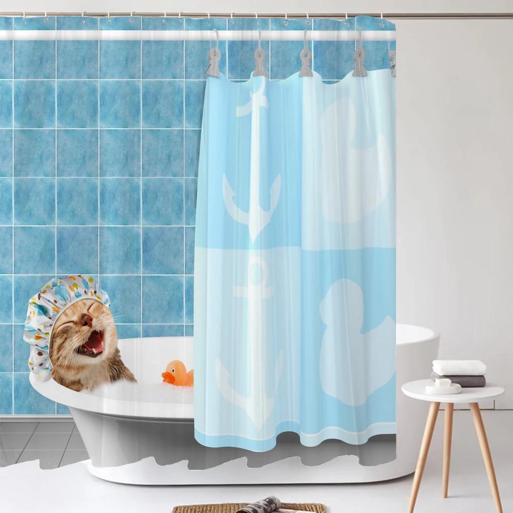 Funny Cute Cartoon Bathing Cat Dog Shower Curtains Bathroom Bathtub Decoration Waterproof Bath Curtain Home Decor with Hooks