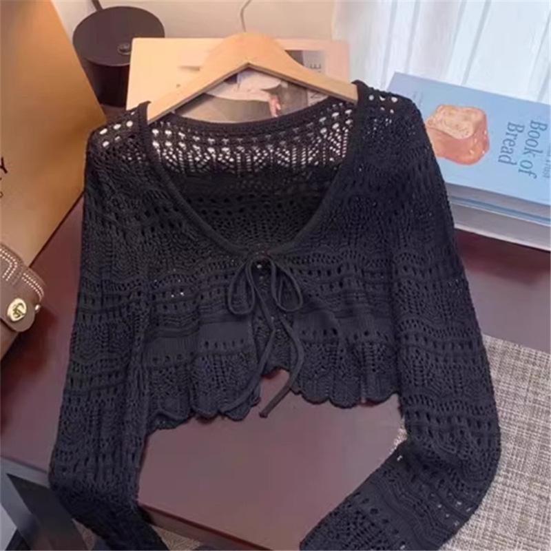 Jarně-letní háčkovaný lněný kardigan šál se zavazováním vpředu - Dámský svrchní oděv s ochranou proti slunci