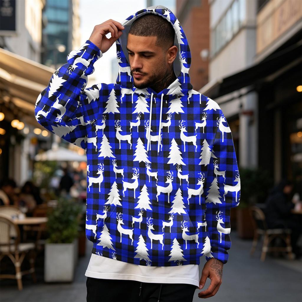 Julehættetrøje til mænd med stort print og store lommer, afslappet løstsiddende pullover til ferien