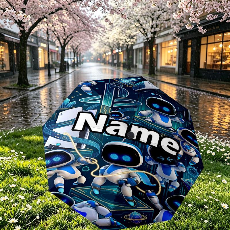 Custom Name Personalized Cosmic Bot Crew Print Umbrella, Auto Open Close, 8‑Rib Sturdy Frame, Commute Camping Hiking Use, Birthday Gift