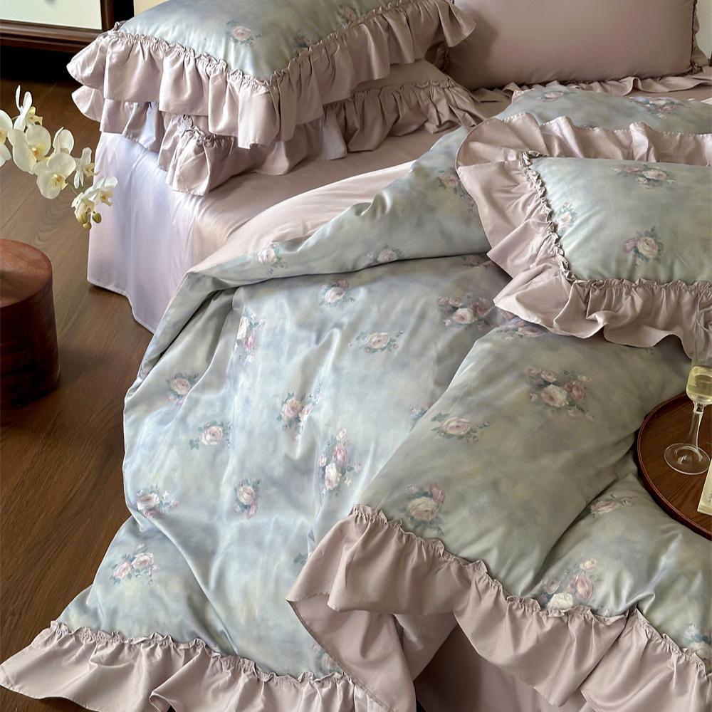 Cotton Bedding Four-piece Rose Printing Skin-friendly Breathable Comfortable Quilt Cover Bed Sheet Pillowcase Kit