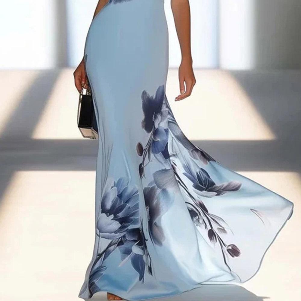 European and American Style New, Blue Printed Shoulder Dress Elegant Temperament Banquet Dress Dress Dress