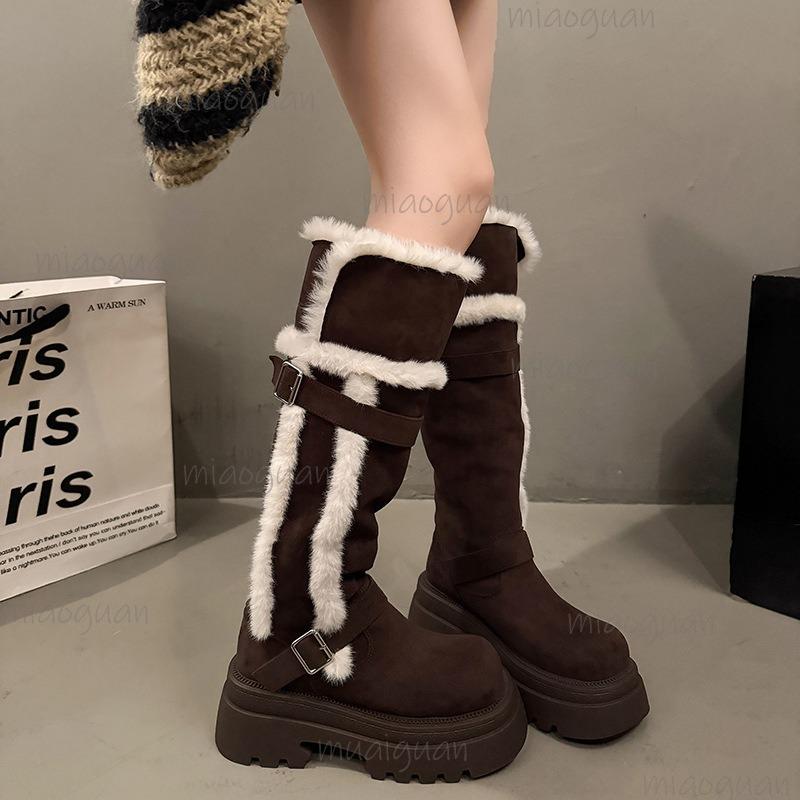 Winter Warm Short Plush Women Knee-High Snow Boots Belt Buckle Fur Lined Chunky Platform Shoes for Women Comfortable Long Boots