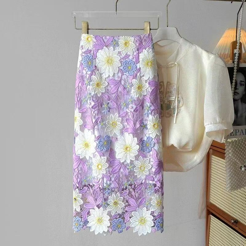Falda Wrap de Encaje Calado Europeo Bordada con Flores 3D Ropa de Mujer
