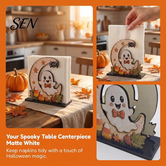 Decorative Wood Tissue Stand Halloween Napkin Holder, Vintage Rustic Dispenser Organizer, Spooky Ghost Playful Holiday Gift for Home Black Cat