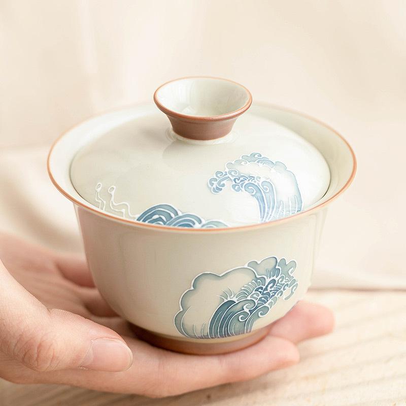 Pile Carved Wave Gaiwan Hand-painted Ceramic Tea Tureen Chinese Kung Fu Tea Brewing Bowl Teaware Master Cup Teacups Gift Box