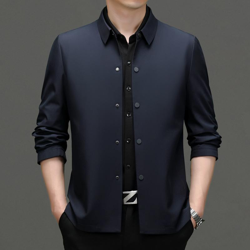 New Men's Casual Jacket Business Gentleman Lapel Hidden Button Men's Jacket Middle-aged Thin Jacket
