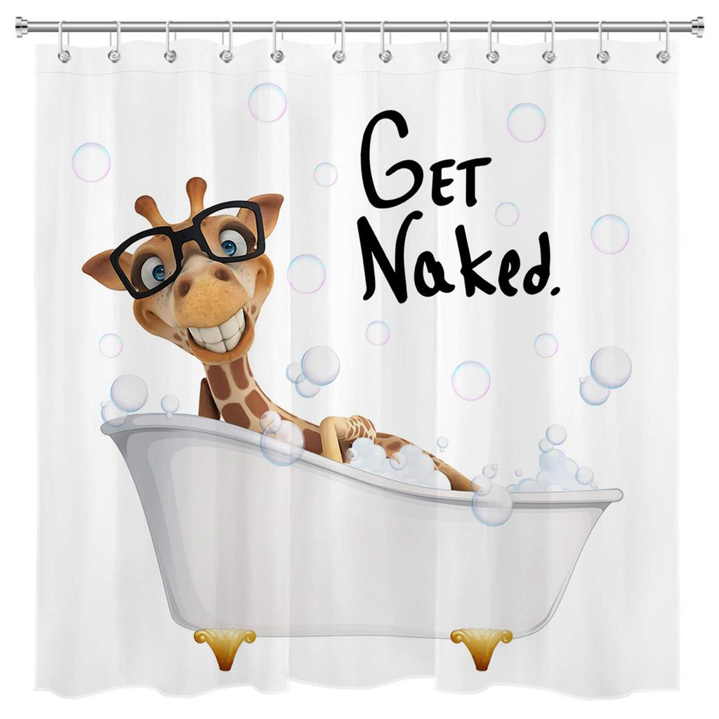 Funny Giraffe Get Naked Shower Curtain Giraffe with Glasses In Soap Bubble Bathtub Wild Animals Bathroom Decor Waterproof Fabric