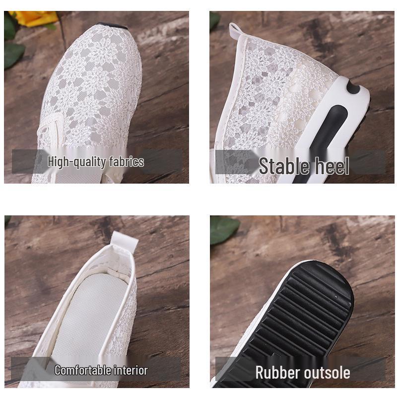 Spring 2026 Korean Style Women's Platform Slip-on High Heel Shoes with Lace Mesh Upper and Inner Height Increase