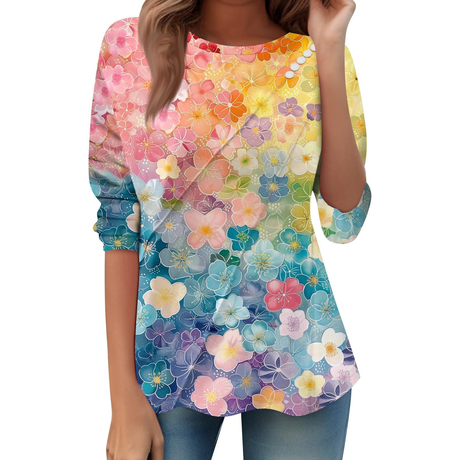 

Женский свободный повседневный топ с длинным рукавом, круглым вырезом, пуговицами, принтом в полоску, футболка S розовый