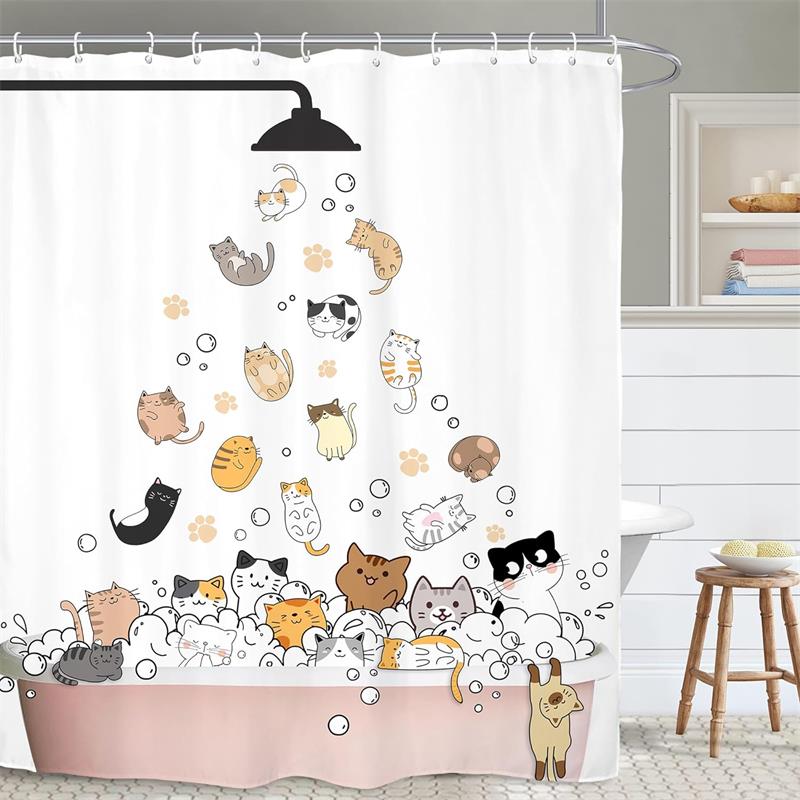 Funny Bathing Cat Dog Cartoon Shower Curtains Dolphin Octopus Sea Turtle Starfish Ocean Animals Bath Curtain Kids Bathroom Decor