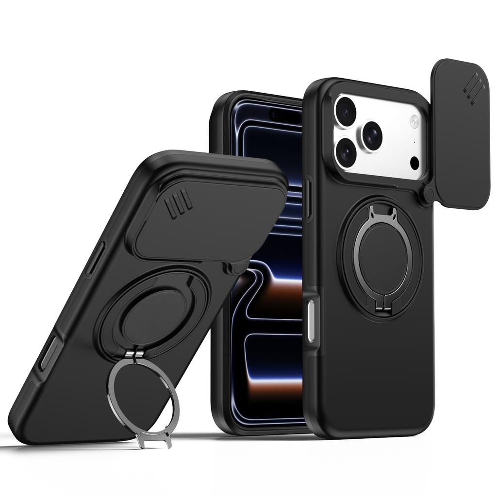 Sliding Camera Lens Protection Armor Case For iPhone 13 14 15 16 Plus Air 17 Pro Max Metal Ring Stand TPU Frame Plastic Cover