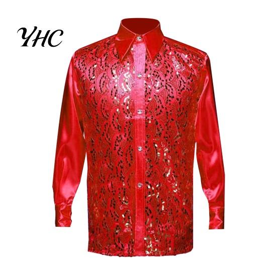 Sequin Embellished Men Shirt Luxury Sequins Performance Lapel Long Sleeve Single-Breasted Lightweight Wedding Stage Slim Fit Formal Casual Tops
