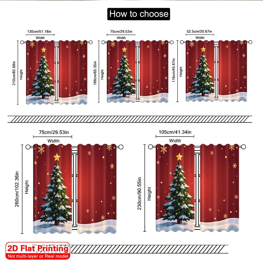 2pcs 2D Flat Printing Merry Christmas Window Curtains Golden Christmas Tree Snowflakes Polyester Fabric Without Electricity