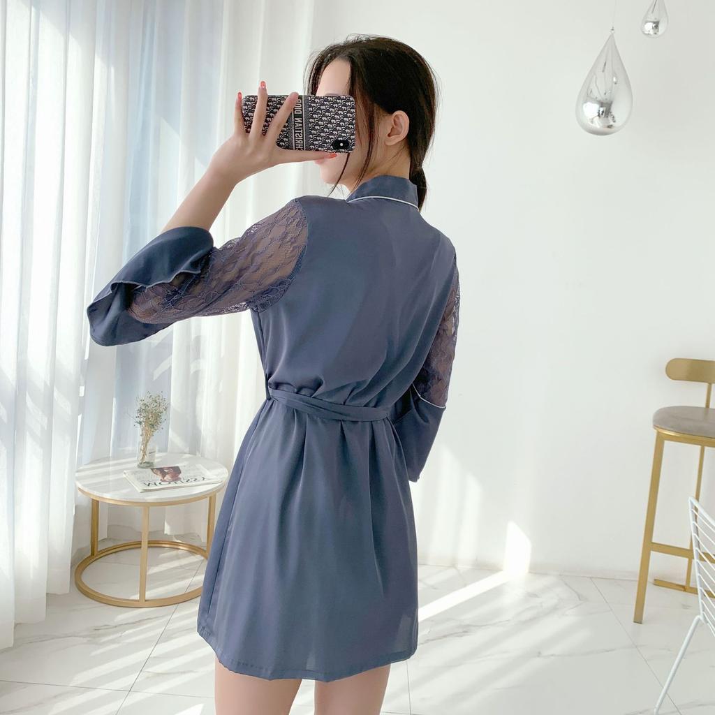 Pajamas Women's Summer Sexy Ice Silk Nightgown Thin Bathrobe Medium and Long Bathrobe Bridal Makeup Dressing Gown Loungewear