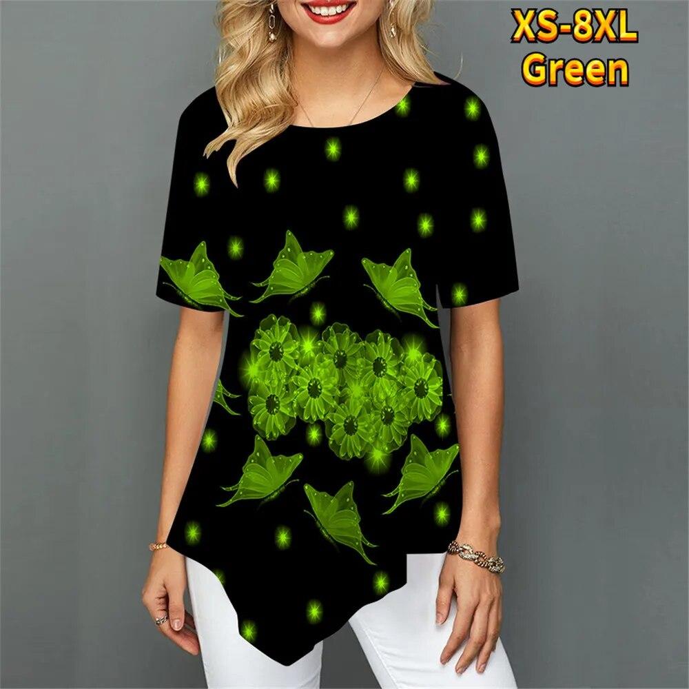 Mode Kurzarm Unregelmäßiger Saum Sommer Harajuku Digitaldruck Frauen T-Shirt Element O-Ausschnitt Straße Bequeme Damen Casual
