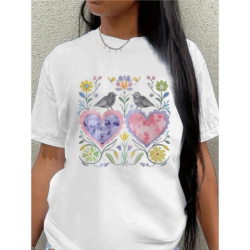 

Lightweight and Durable Short-Sleeve T-Shirt Made of Featuring A Floral Heart Design, Ideal for Casual Wear At Home or During Outdoor Activities, S белый