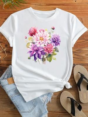 (Asian Size) Clothing Casual Tshirt Women Flower Trend 90s Sweet Cute Short Sleeve Fashion Print Lady Tee Top Female Graphic T-shirts