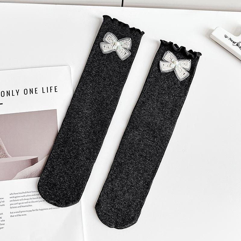 Children's Socks Girls' Solid Medium Long Socks Baby Cotton Comfortable Knee-high Socks With Bows And Lace Trim