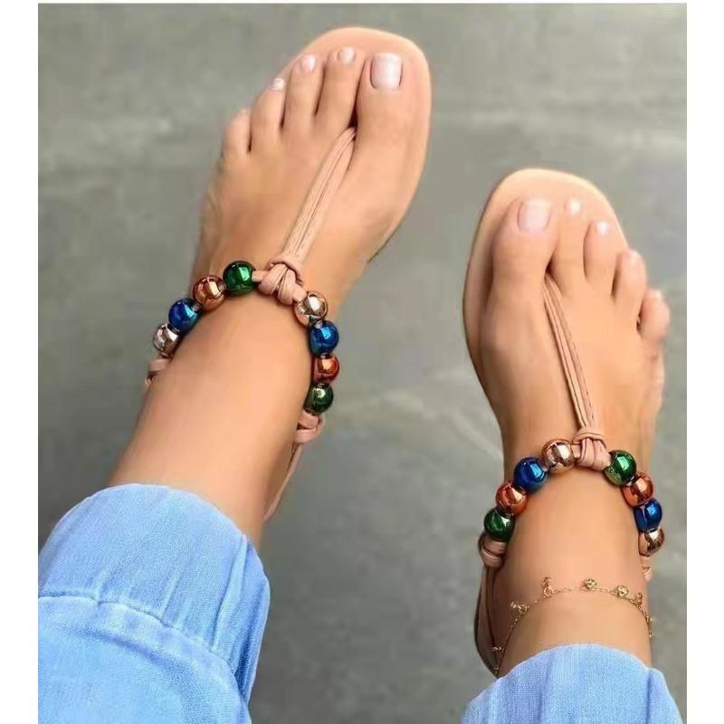 

Flat bottom women s sandals summer new beaded herringbone toe fashion snal beach sandals 43 верблюд