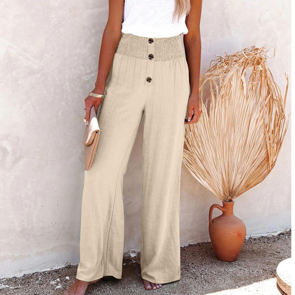 Women's Solid High Waist Loose Long Wide Leg Pants Button Trim Elasticated Casual Pants