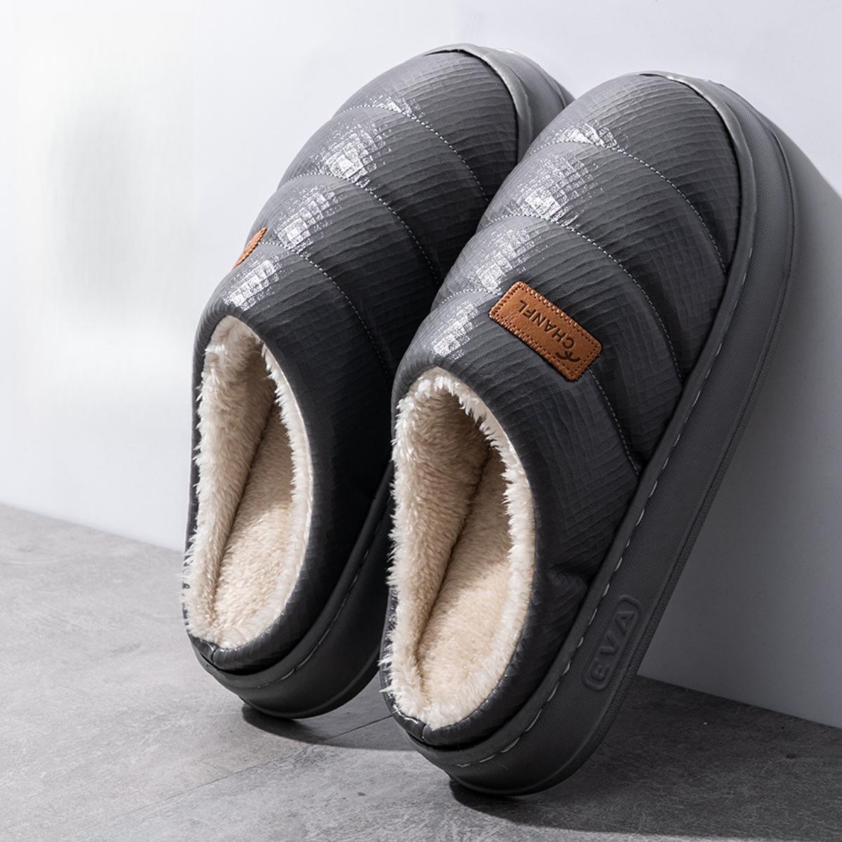 

ПУ Водонепроницаемые Хлопковые Тапочки Большого Размера Новые Домашние Комнатные Нескользящие Толстая Подошва Теплые Домашние Мужские Тапочки Осень Зима 40-41 серый