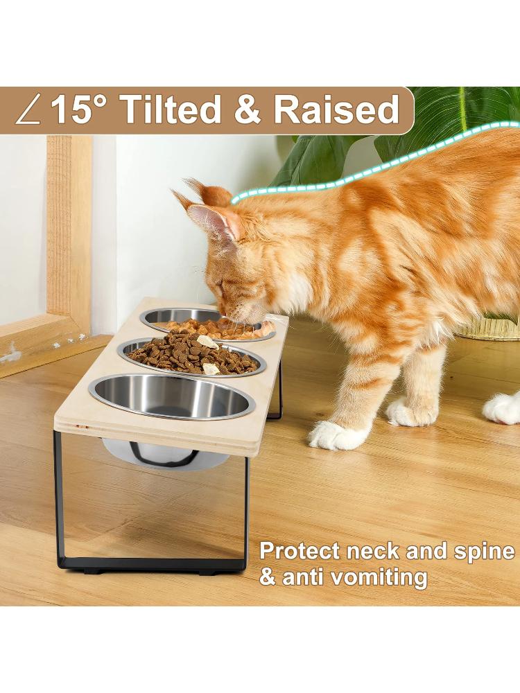 Elevated Cat Bowls with 3 Stainless Steel Bowls 15° Tilted Anti-Vomiting Raised Cat Food Bowl for Small Cats Puppies Accessories