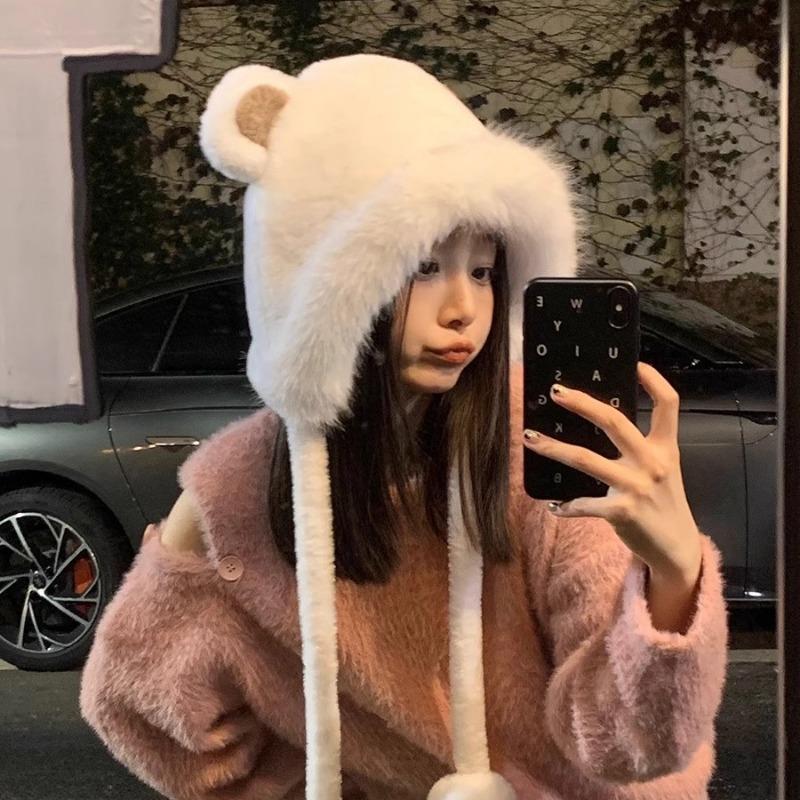 Cute bear ears hat scarf integrated women's winter versatile thickened warm hooded plush scarf tide