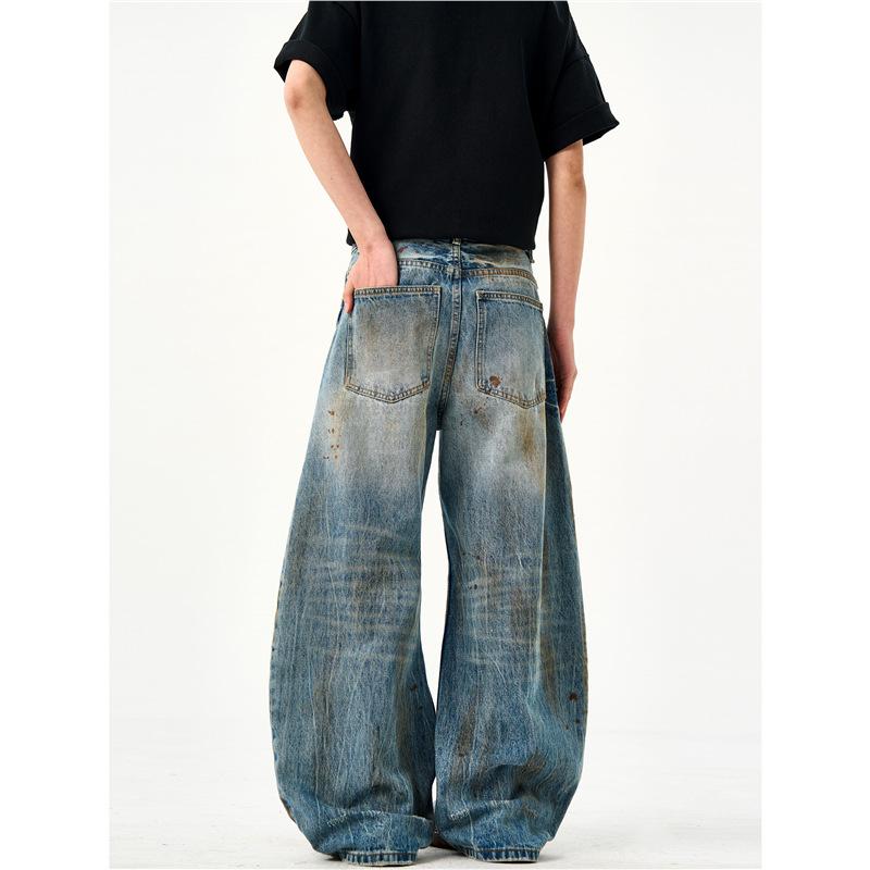American high street lightning crack dirty dyed ripped scimitar jeans men's and women's wide-leg loose sickle pants