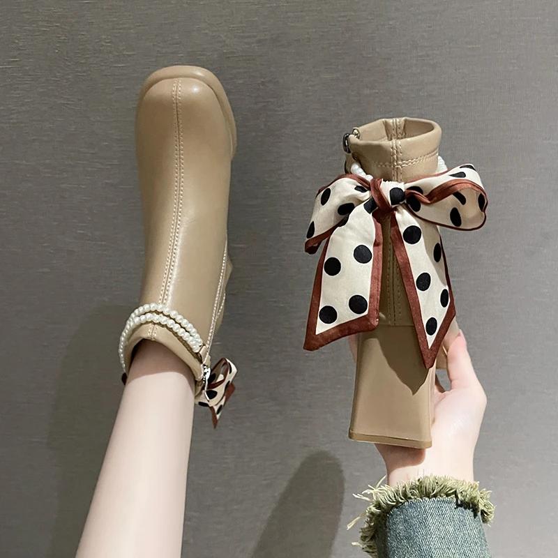 Chelsea Schleife Perle Klobige Stiefel Damen Sexy High Heels Schuhe Neuer Trend 2024 Winter Eckige Zehen Knöchelstiefel Pumps Motorrad Botas