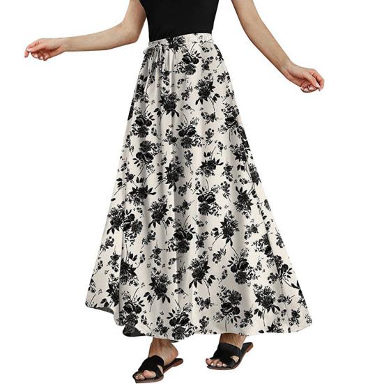 Maxi Skirt Adjustable Drawstring Elastic High Waist Long Skirt with Large Hem Floral Print Pockets Women Skirt