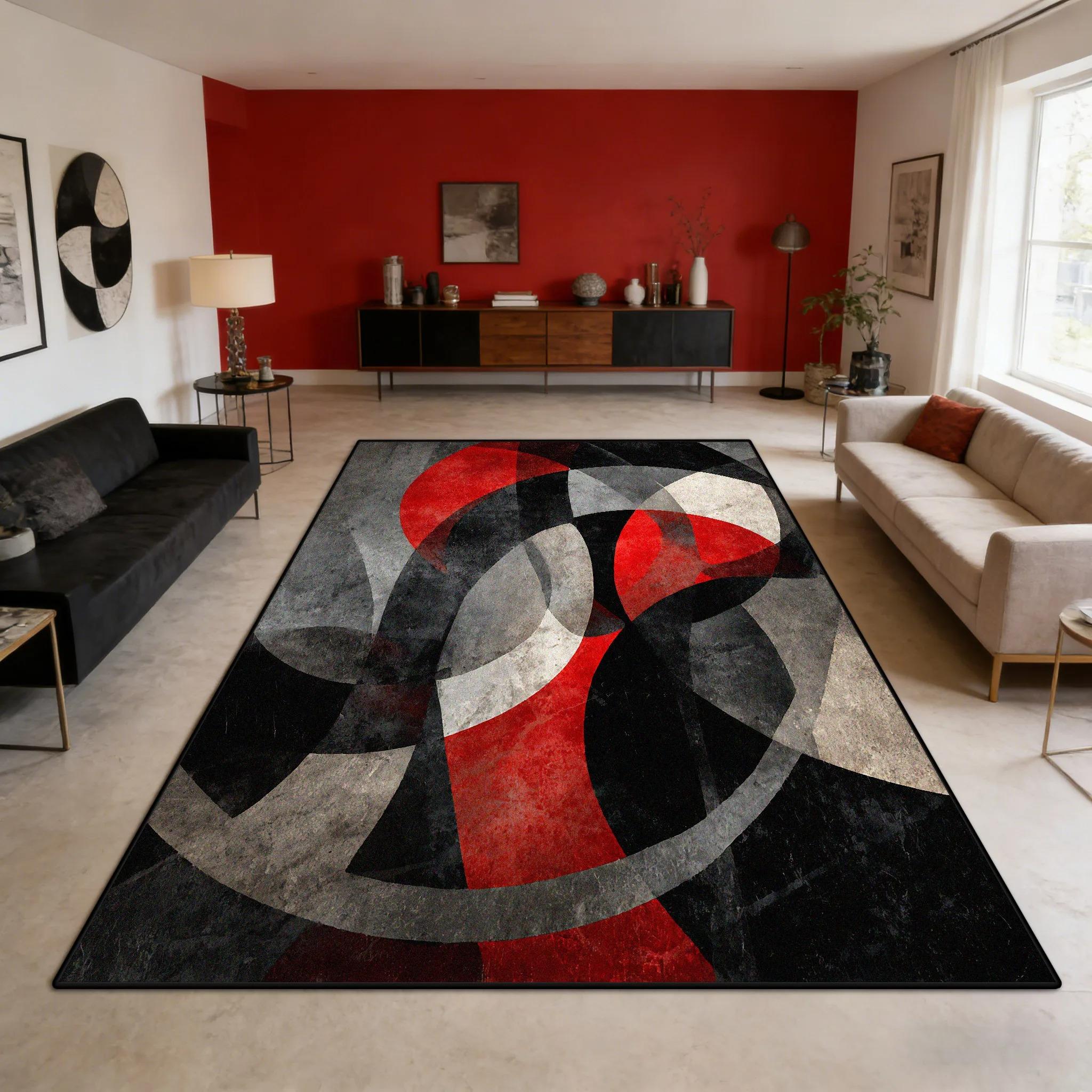 Abstract Art Lines Design Living Room Carpet Creative Lines Design Bedroom Decor Non-Slip Rugs Minimalist Red and Black 40X60cm