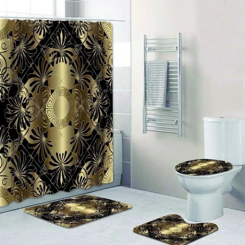 

3D Luxury Black Gold Greek Key Meander Baroque Bathroom Curtains Shower Curtain Set For Bathroom Modern Geometric Bath Rug Decor W60H190(CM)-1 Pcs