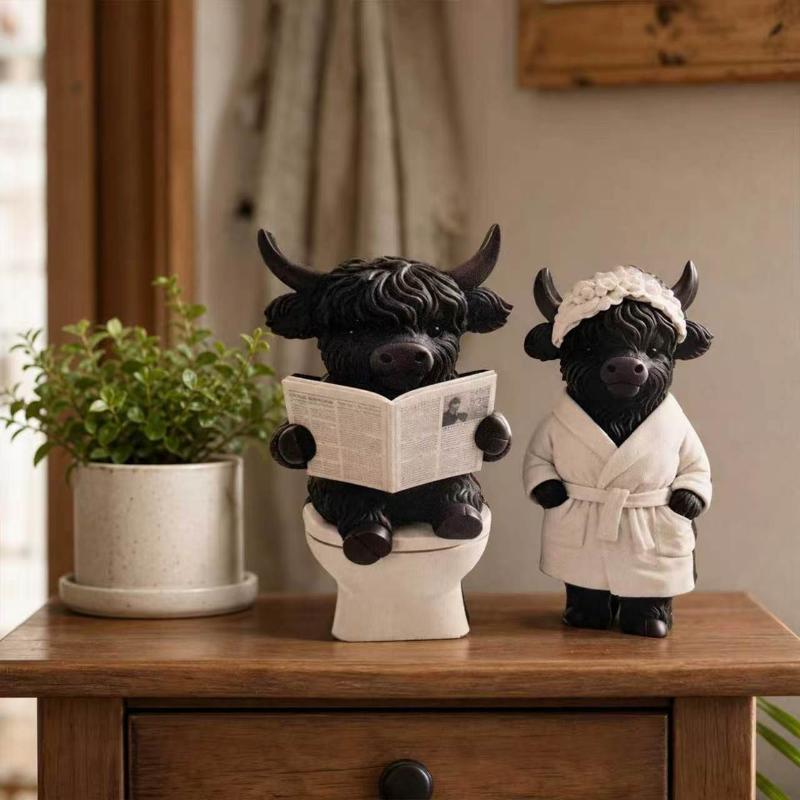 2Pcs 2D Flat Wooden Newspaper-Reading Cows Highland Cow Decorative Ornaments For Home Bedrooms Entryways Bookshelf Display