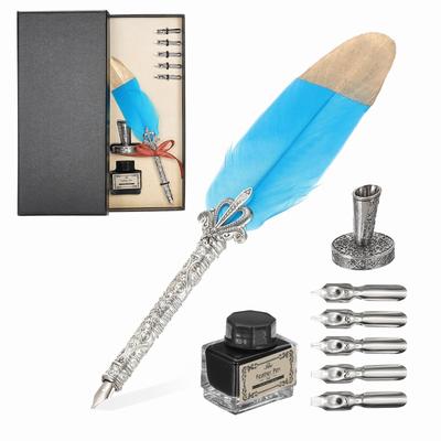 PATIKIL Feather Pen 1 Vintage Feather Calligraphy Fountain Dip Pen Set with Pen and Replacement Nibs for Beginner Sky Blue Set, Set, Pen, Ink, Holder,