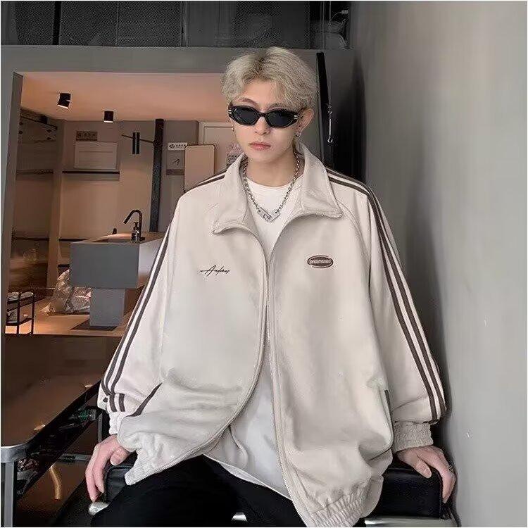 

Унисекс полосатая бархатная куртка с воротником-стойкой и тремя полосками - свободное повседневное спортивное пальто и толстый свитер Medium