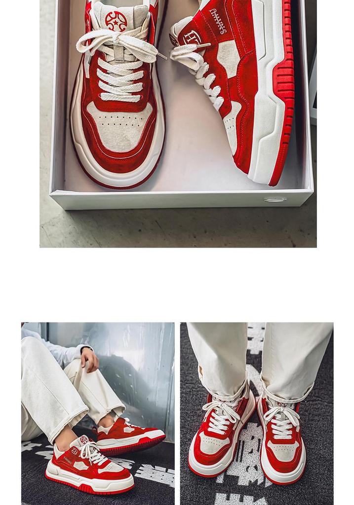 Men's 2025 Spring Korean Style Red Fashion Casual Thick-Soled Height-Increasing High-End Sports Shoes for Teenagers.
