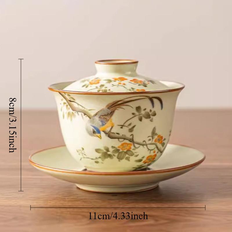 

Ru Kiln Magpie Three Talents Bowl Cover Hoverable Chinese Style Lidded Bowl Household Tea Cup Large Capacity Drinking Utensils 110ml жовтий