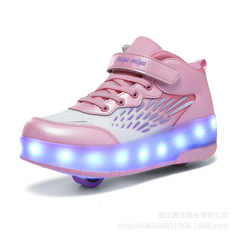 Schoenen met wielen, intrekbaar met dubbele wielen, Mia Mia Nieuwe Schoenen met Katrol, Oplaadbare Kinderschoenen met Onzichtbare Wielen 34 roze