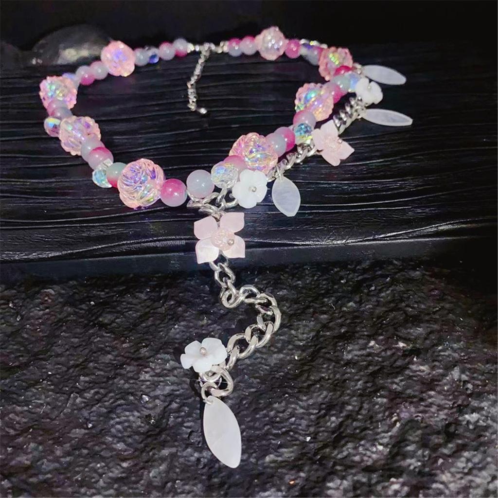 Tooxika Crushed Ice Coloured Pastel Crystal Beaded Flower Patchwork Necklace Niche Sweet Cool Choker Collarbone Chain