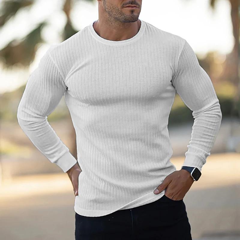 Muscleguys Spring Autumn Knitted Sports Long Sleeved Slim Fit Round Neck Running T-shirt Mens Casual Gym Training Bodybuilding Tees Shirt