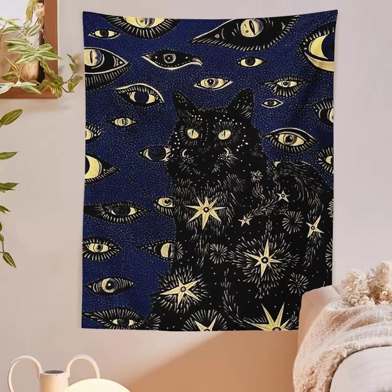 VIKAMA Mysterious Black Cat Art Tapestry Red Background Starry Sky Pattern Gothic Fantasy Wall Decoration Room Decoration